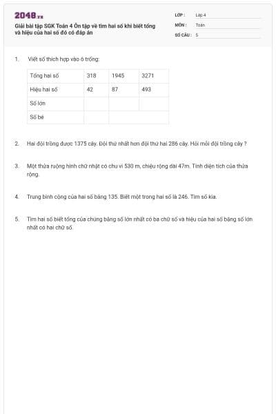 Giải bài tập SGK Toán 4 Ôn tập về tìm hai số khi biết tổng và hiệu của hai số đó có đáp án
