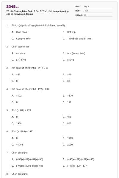 25 câu Trắc nghiệm Toán 6 Bài 6: Tính chất của phép cộng các số nguyên có đáp án