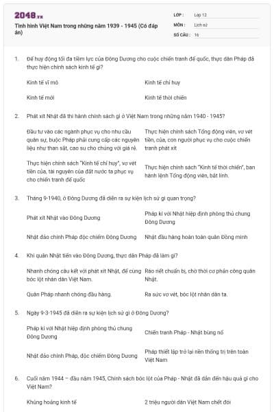 Tình hình Việt Nam trong những năm 1939 - 1945 (Có đáp án)