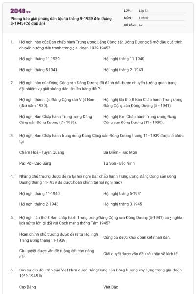 Phong trào giải phóng dân tộc từ tháng 9-1939 đến tháng 3-1945 (Có đáp án)