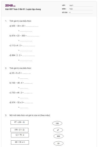 Giải VBT Toán 3 Bài 81: Luyện tập chung