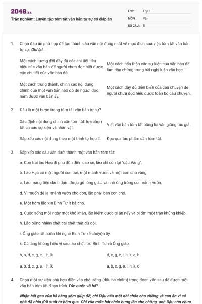 Trắc nghiệm: Luyện tập tóm tắt văn bản tự sự có đáp án