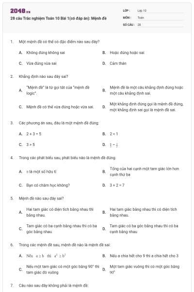 28 câu Trắc nghiệm Toán 10 Bài 1(có đáp án): Mệnh đề