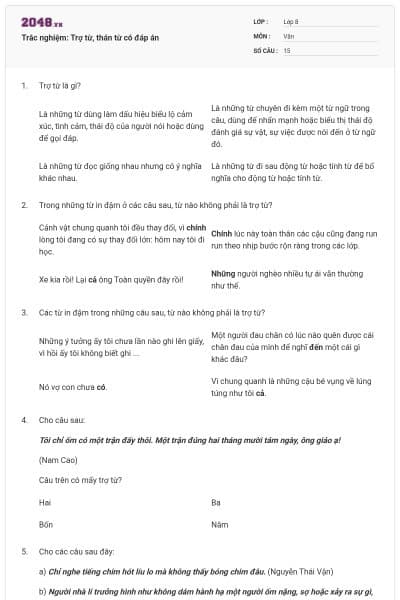 Trắc nghiệm: Trợ từ, thán từ có đáp án