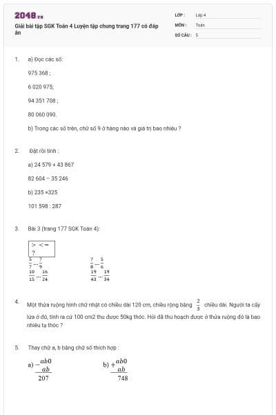 Giải bài tập SGK Toán 4 Luyện tập chung trang 177 có đáp án