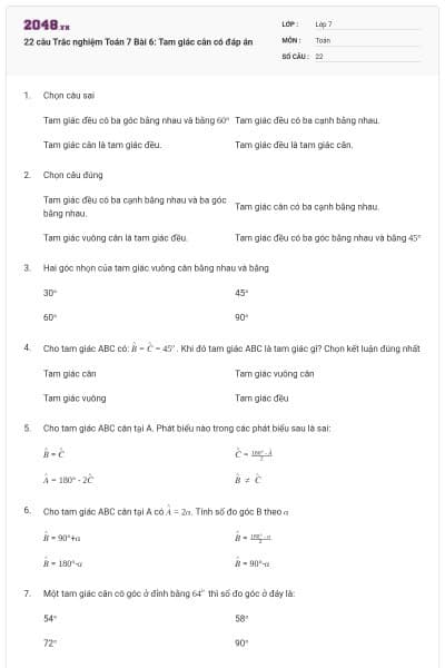 22 câu Trắc nghiệm Toán 7 Bài 6: Tam giác cân có đáp án
