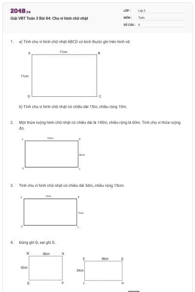 Giải VBT Toán 3 Bài 84: Chu vi hình chữ nhật