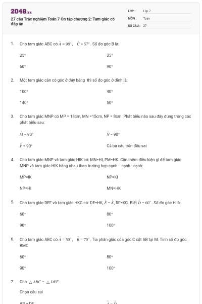 27 câu Trắc nghiệm Toán 7 Ôn tập chương 2: Tam giác có đáp án