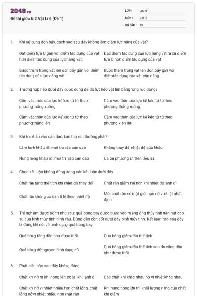 Đề thi giữa kì 2 Vật Lí 6 (Đề 1)