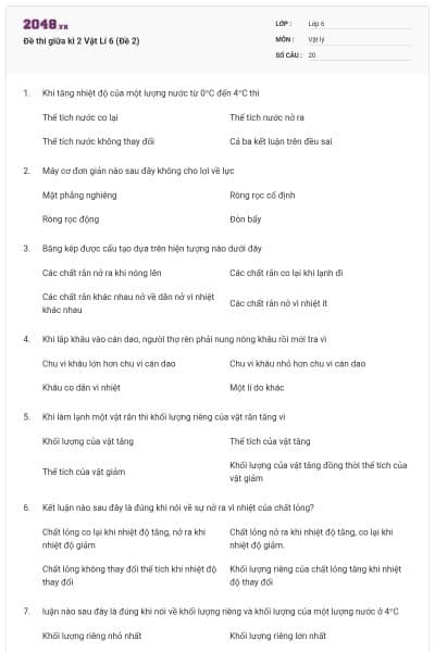 Đề thi giữa kì 2 Vật Lí 6 (Đề 2)