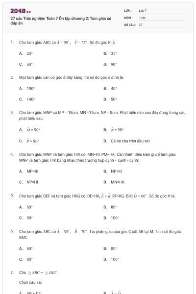 27 câu Trắc nghiệm Toán 7 Ôn tập chương 2: Tam giác có đáp án