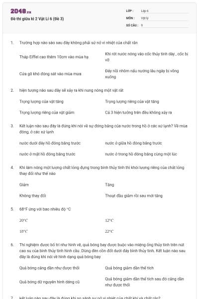 Đề thi giữa kì 2 Vật Lí 6 (Đề 3)