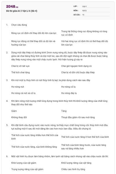 Đề thi giữa kì 2 Vật Lí 6 (Đề 4)