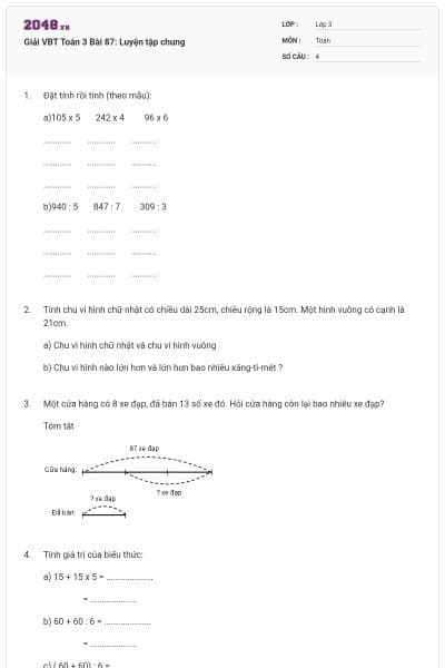 Giải VBT Toán 3 Bài 87: Luyện tập chung