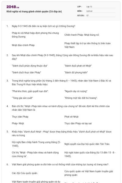 Khởi nghĩa vũ trang giành chính quyền (Có đáp án)