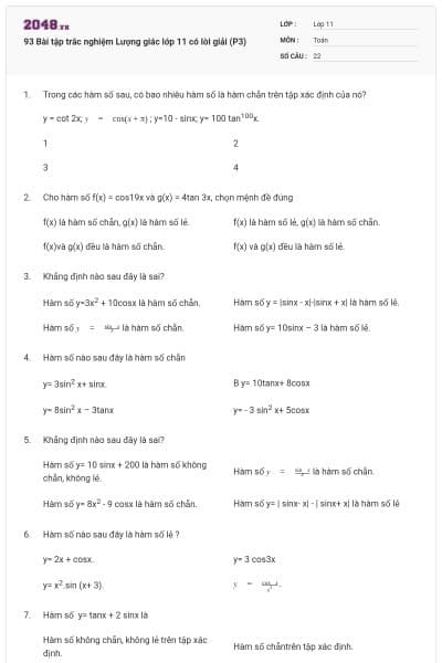 93 Bài tập trắc nghiệm Lượng giác lớp 11 có lời giải (P3)