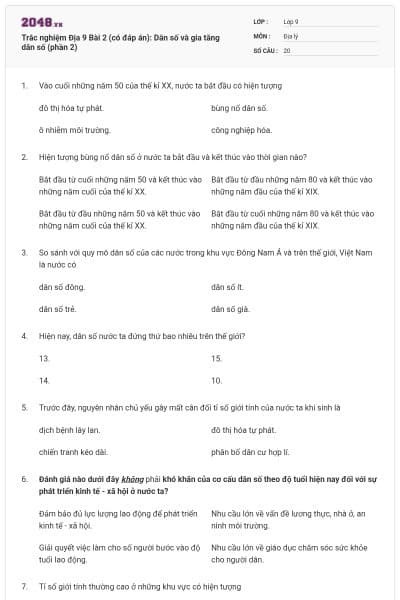 Trắc nghiệm Địa 9 Bài 2 (có đáp án): Dân số và gia tăng dân số (phần 2)