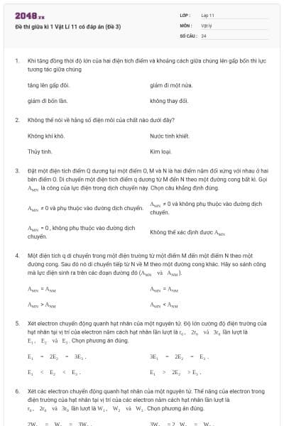 Đề thi giữa kì 1 Vật Lí 11 có đáp án (Đề 3)