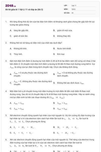 Đề thi giữa kì 1 Vật Lí 11 có đáp án (Đề 3)