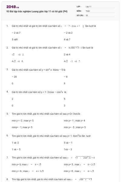 93 Bài tập trắc nghiệm Lượng giác lớp 11 có lời giải (P4)