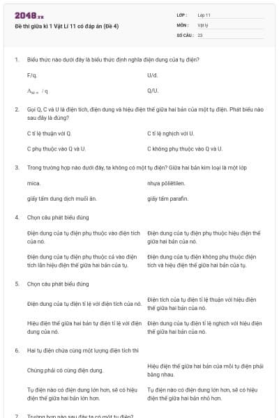 Đề thi giữa kì 1 Vật Lí 11 có đáp án (Đề 4)