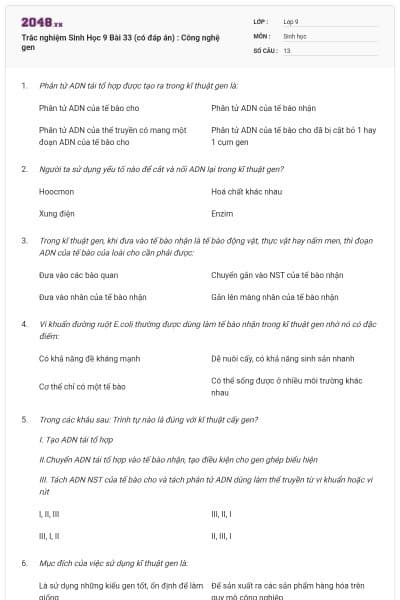 Trắc nghiệm Sinh Học 9 Bài 33 (có đáp án) : Công nghệ gen