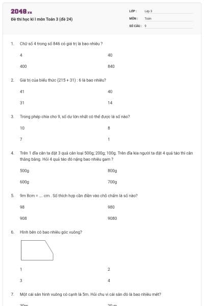 Đề thi học kì I môn Toán 3 (đề 24)