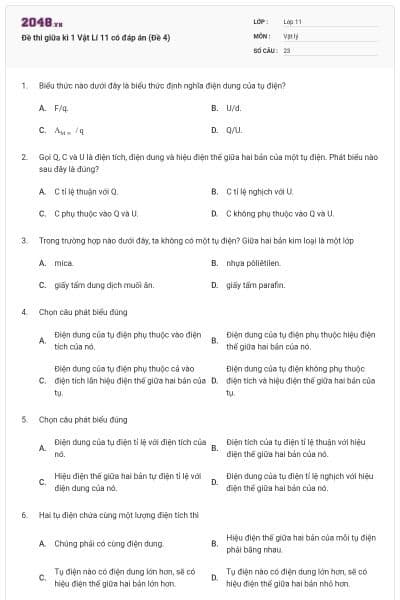 Đề thi giữa kì 1 Vật Lí 11 có đáp án (Đề 4)