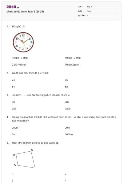 Đề thi học kì I môn Toán 3 (đề 25)