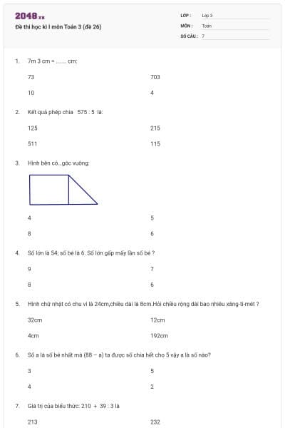 Đề thi học kì I môn Toán 3 (đề 26)