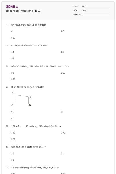 Đề thi học kì I môn Toán 3 (đề 27)