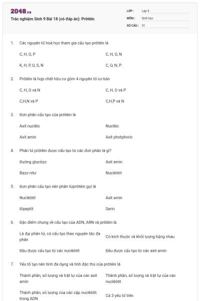 Trắc nghiệm Sinh 9 Bài 18 (có đáp án): Prôtêin