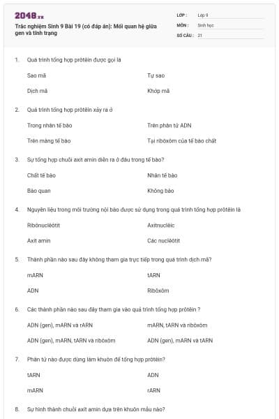 Trắc nghiệm Sinh 9 Bài 19 (có đáp án): Mối quan hệ giữa gen và tính trạng