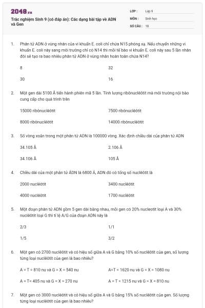 Trắc nghiệm Sinh 9 (có đáp án): Các dạng bài tập về ADN và Gen