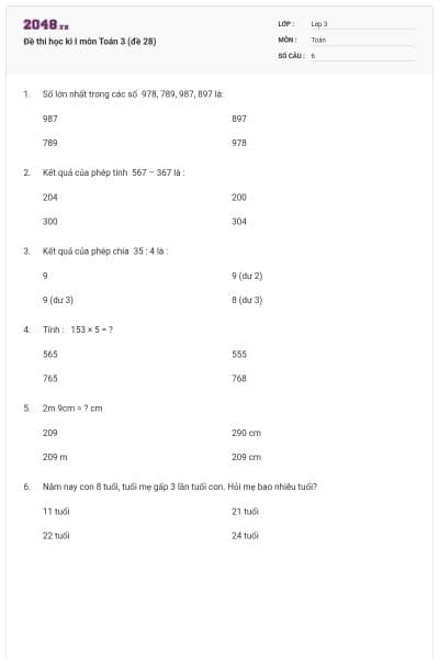 Đề thi học kì I môn Toán 3 (đề 28)
