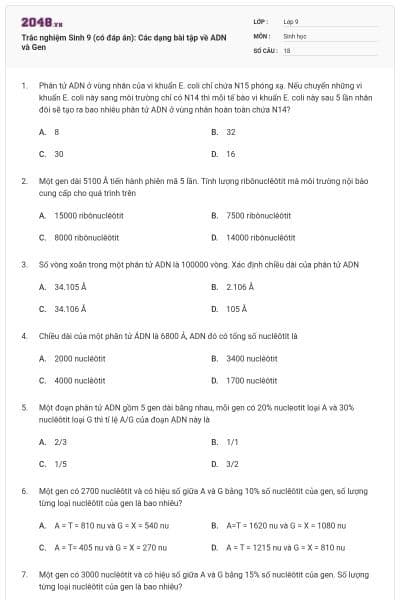 Trắc nghiệm Sinh 9 (có đáp án): Các dạng bài tập về ADN và Gen