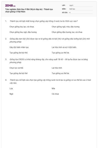 Trắc nghiệm Sinh Học 9 Bài 36(có đáp án) : Thành tựu chọn giống ở Việt Nam