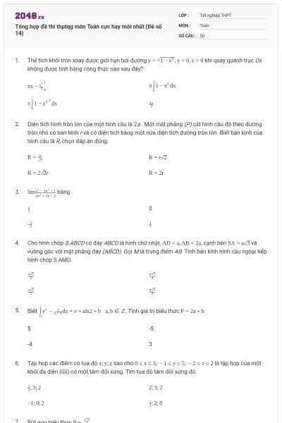 Tổng hợp đề thi thptqg môn Toán cực hay mới nhất (Đề số 14)
