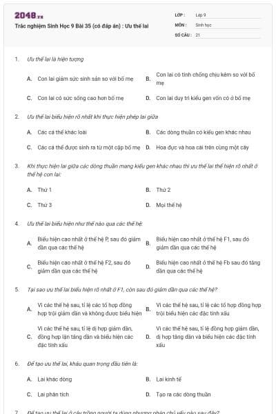 Trắc nghiệm Sinh Học 9 Bài 35 (có đáp án) : Ưu thế lai