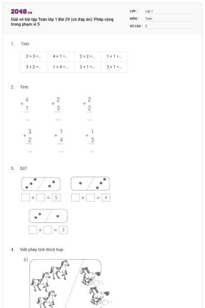 Giải vở bài tập Toán lớp 1 Bài 29 (có đáp án): Phép cộng trong phạm vi 5