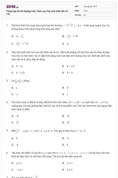 Tổng hợp đề thi thptqg môn Toán cực hay mới nhất (Đề số 14)