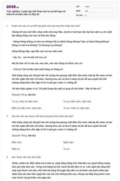 Trắc nghiệm: Luyện tập viết đoạn văn tự sự kết hợp với miêu tả và biểu cảm có đáp án
