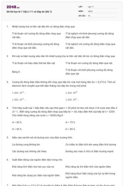Đề thi học kì 1 Vật Lí 11 có đáp án (Đề 1)
