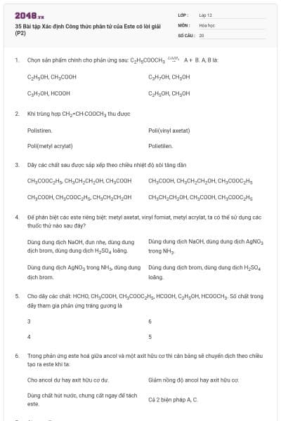 35 Bài tập Xác định Công thức phân tử của Este có lời giải (P2)