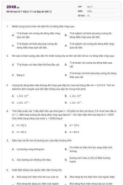 Đề thi học kì 1 Vật Lí 11 có đáp án (Đề 1)