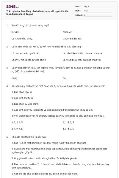 Trắc nghiệm: Lập dàn ý cho bài văn tự sự kết hợp với miêu ta và biểu cảm có đáp án