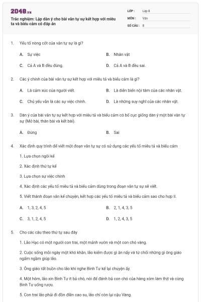 Trắc nghiệm: Lập dàn ý cho bài văn tự sự kết hợp với miêu ta và biểu cảm có đáp án