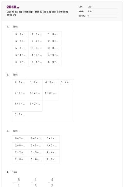 Giải vở bài tập Toán lớp 1 Bài 40 (có đáp án): Số 0 trong phép trừ