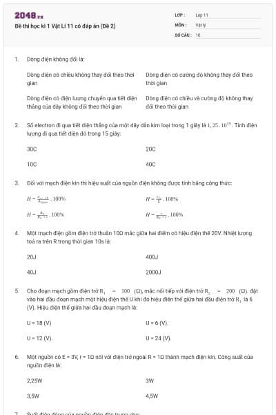 Đề thi học kì 1 Vật Lí 11 có đáp án (Đề 2)