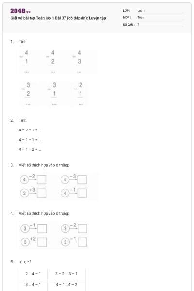 Giải vở bài tập Toán lớp 1 Bài 37 (có đáp án): Luyện tập